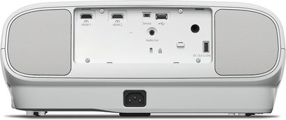 Epson EH-TW7000 white video projector, front view, rear connectivity with 2 HDMI ports, 1 USB port, and 1 audio output