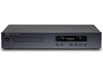Antrasit gri NAD C569 yüksek sadakatli CD çalar, önden görünüm, solda disk tepsisi, sağda ekran ve yuvarlak düğmeler