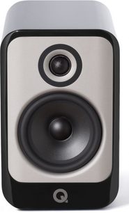 Q Acoustics Concept 30 sort lakeret bogreolhøjttaler, frontvisning, mellemtone- og diskantenheder, højglans sort finish