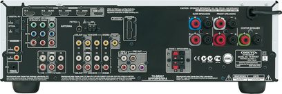Amplificatore audio/video Onkyo TX-SR507 nero, vista frontale, numerose prese e pulsanti di controllo sulla parte anteriore