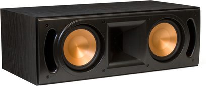 Klipsch RC-62 MkII sort centerkanal, frontvisning, 2 runde, forgyldte højttalere i et rektangulært, matsortkabinet