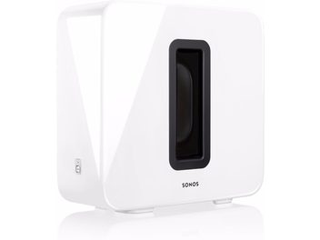 Hvid lakeret Sonos SUB baskabin, set forfra, med afrundet rektangulær form og centralt ovalt sort åbning