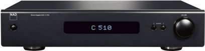 NAD C 510 DAC stereo forforstærker sort, front med display, knapper, rektangulært metalkabinet