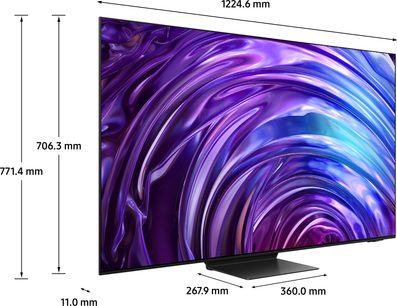 Téléviseur haute définition Samsung F-TQ55S95D-BF, écran plat, vue de face, cadre fin, support rectangulaire, motifs violets