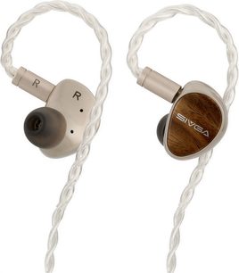 Sivga Que UTG in-ear oordopjes, bruin geaderde buitenzijden, grijze oortips en zilverkleurige gevlochten kabel