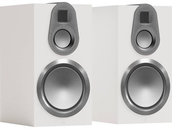 Акустична библиотека Monitor Audio Gold 100 6G в сатенено бял цвят, преден изглед, с два кръгли сребристи високоговорителя