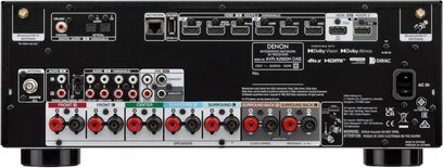 Denon AVR-X2900HDAB amplituner kina domowego czarny, widok z tyłu z portami HDMI, sieciowymi, audio i zaciskami głośnikowymi