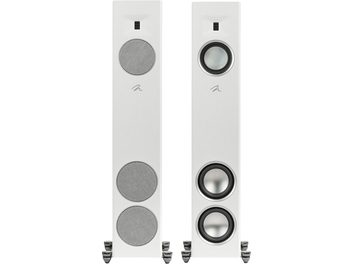 Diffusore a colonna MartinLogan Motion F20 bianco opaco con due altoparlanti circolari e un tweeter rettangolare su ogni unità