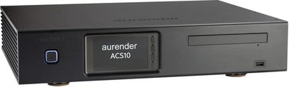 Aurender ACS10 hi-fi-cd-afspiller i sort, set forfra med centralt display, cd-skuffe og USB-port