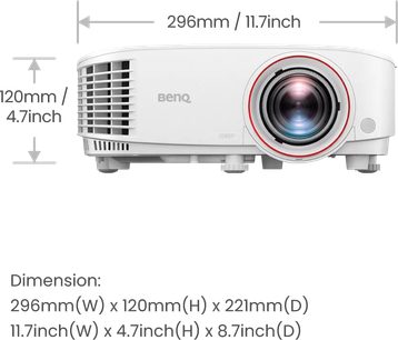 BenQ TH671ST fehér vetítő, előlről nézve, piros keretben kiemelt excentrikus objektívvel, jobb oldalon légzőnyílásokkal