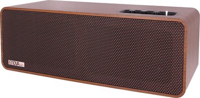 Cassa wireless Enova HIFI VELA V in prospettiva, griglia frontale marrone, angoli arrotondati, comandi sulla parte superiore
