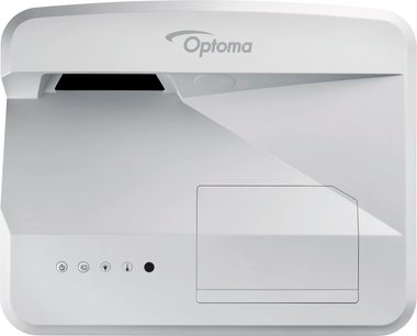 Optoma GT5500+ hvid videoprojektor, set ovenfra med objektiv, knapper og logo på oversiden