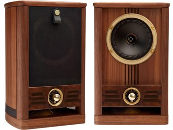 Fyne Audio Vintage Five bookshelf speaker in wood finish, with black grille, exposed driver and gold control