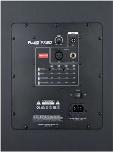 Aktiv-Lautsprecher Fluid Audio FX80 schwarz, Rückseite, Anschlüsse und Einstellungen, Nahaufnahme