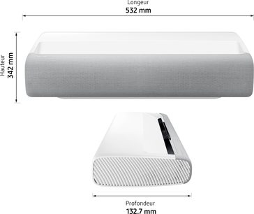 Samsung The Premiere SP-LSP7TFA hvid projektor, set ovenfra og fra siden, afrundet rektangulær form, 532 mm lang, 132,7 mm dyb