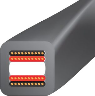 Cavo per altoparlanti o diffusori Equinox 10, sezione trasversale quadrata, guaina grigia, conduttori paralleli rosso e nero con terminali dorati.