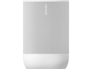 Біла портативна колонка Sonos Move 2 з підтримкою Bluetooth, вигляд спереду з великою перфорованою металевою решіткою та вертикальним логотипом