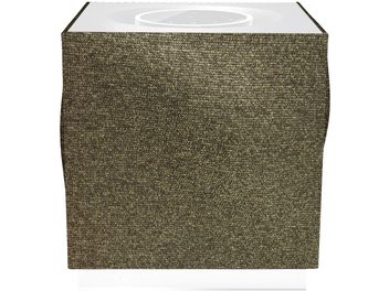 Grilă de difuzor Naim Audio Mu-so Qb 2 verde, vedere frontală, plasă metalică țesută densă verde măsliniu închis, formă cubică
