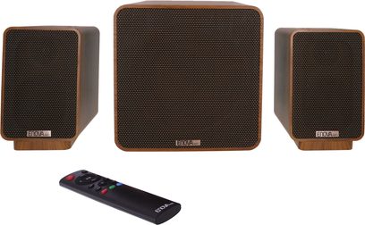 Sada reproduktorů 2.1 Enova HIFI VELA 2.1 8A s 2 obdélníkovými satelity a 1 krychlovým centrálním subwooferem, dřevěné provedení, černý dálkový ovladač