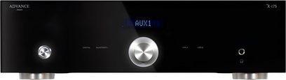 Stereo-HiFi-Verstärker Advance Paris X-i75 schwarz, glänzende Front mit großem silbernem Zentralregler und blauem AUX1-Display