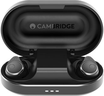 Black Cambridge Audio Melomania M100 true wireless in-ear headphones in their oval charging case, front view