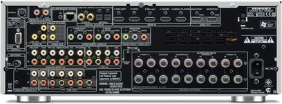 Marantz SR6007 zwarte home cinema-versterker, achterzijde, audio/video-aansluitingen, HDMI-aansluitingen, component-, optische en coaxiale aansluitingen