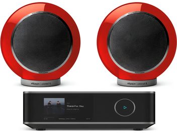 Piros Elipson Planet L hangsugárzó pár fekete Hi-Fi audiolejátszóval, elölnézetben