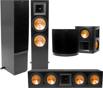 Sada sloupových reproduktorů Klipsch RF-7 MKII + RC64 černá, 3 sloupy, 1 centrální reproduktor, 2 regálové reproduktory, černé provedení, pohled zepředu