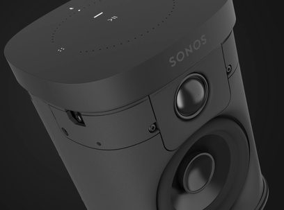 Trådløs, tilsluttet Sonos One (Gen 2) højttaler i mat sort, tæt ovenfra-billede af de to cirkulære højttalerenheder