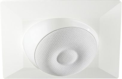 Enceinte encastrable au plafond Cabasse Eole 3 in ceiling, vue de face rapprochée, grille blanche circulaire perforée