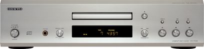 Onkyo DX-7555 sølvfarvet CD-afspiller, frontvisning, digitalt display, kontrolknapper og -hjul, hovedtelefonstik