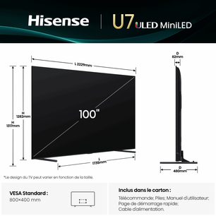 Hisense TV 100U7Q i svart, 100" skjerm, tynn ramme, flate føtter, front- og profilvisning, metall-/plastramme
