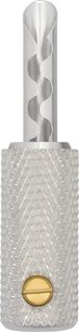 Connettore a banana Wireworld Uni-Term in argento, corpo zigrinato argento con vite dorata, vista ravvicinata verticale
