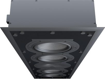 Inbouwwandluidspreker Perlisten R7i-LR zwart, metalen frame, front met 4 ronde drivers, onderaanzicht
