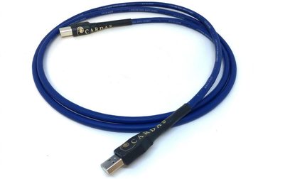 1 m blå Cardas Clear USB-kabel med sølvbelagte USB type A- og type B-stik, blå flettet kappe
