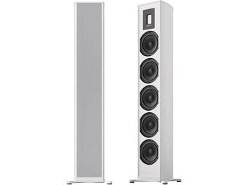 Fehér Piega Premium 701 Wireless Gen2 okostermék, elölről és oldalról látható, 4 fekete hangszóróval, fehér rácsokkal