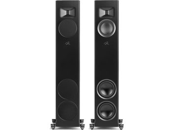 Boxă de podea MartinLogan Motion F20 negru lăcuit cu două unități vizibile, una cu grile și cealaltă cu difuzoare expuse