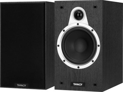 Tannoy Eclipse One sort bogreolhøjttaler, set forfra, mørkt træhus, rund hvid højttaler, central sort diskant