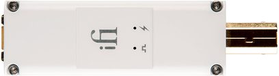 iFi Audio iPurifier3 USB-B tilbehør i børstet aluminium, set forfra, med USB type B og A-stik i enderne