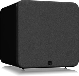 Caisson de grave SVS SB-5000 R|Evolution nero laccato frontale con griglia in tessuto nero e logo SVS in basso al centro