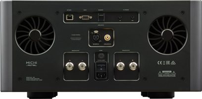 Amplificator de putere high-fidelity Michi M8 negru, vedere din spate, 2 ventilatoare circulare, conectivitate rețea, RS232, XLR, RCA, ieșiri pentru difuzoare, întrerupător de alimentare.