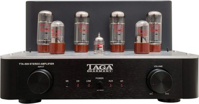 Taga Harmony TTA-500 sort rørvakuumforstærker, frontvisning, 6 rør, knapper og stik på forsiden, rektangulært kabinet