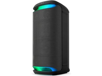 Nešiojama „Sony SRS-XV500“ „Bluetooth“ kolonėlė, vaizdas iš priekio, juodas tinklelis, suapvalinti kampai, žalios ir mėlynos LED lemputės.