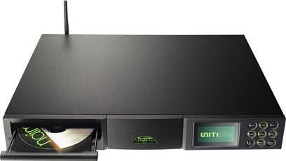 Hi-fi systém Naim Audio UNITILITE černý s CD přehrávačem, USB portem, LCD displejem a dálkovým ovládáním, pohled zepředu