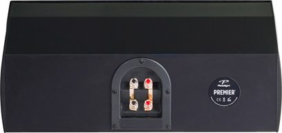 Paradigm Premier 500C centerhøjttaler i sort lak, set bagfra, forgyldte stik, rund etiket til højre