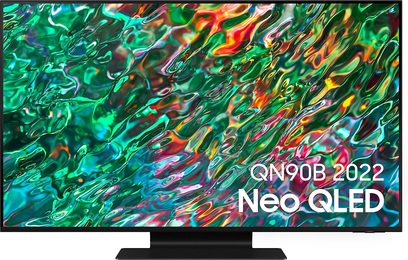 Samsung QE50QN90B 2022 Neo QLED-tv med abstrakt farverig billede i grønne, røde og gule nuancer