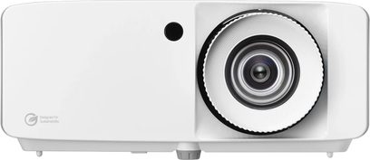 Optoma UHZ35 Projector, front view, white rectangular casing, circular lens on the right, black sensor on the left