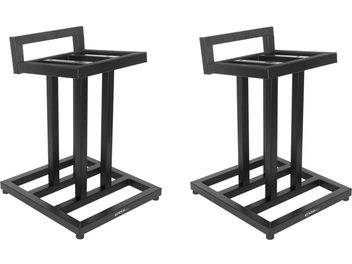 Par højtalerstativ Enova HIFI Vintage Metal Stand 40 i sort metal, rørformet struktur med fire ben, der forbinder en åben firkantet plade og en firkantet base med fodstykker, set fra tre kvart forfra