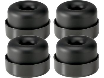 4 black cylindrical vibration dampers stacked, made of rubber or polymer, with a circular cavity in the center