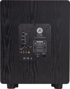 Subwoofer F3-12 sort træ, bagside, kontrolpanel med knapper, RCA-stik, afbryder, strømstik